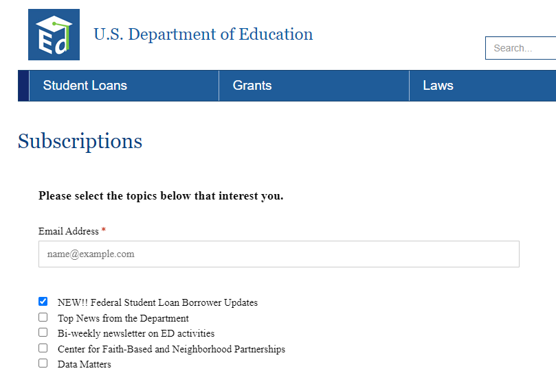 Department of Education Update Signup Page
